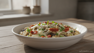 Risotto cremoso de berenjena con queso en bol blanco