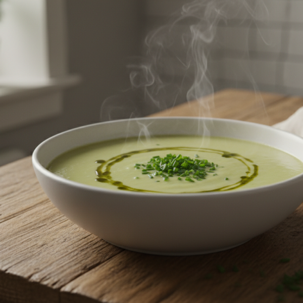 Crema de puerros con patata en bol blanco con aceite de oliva