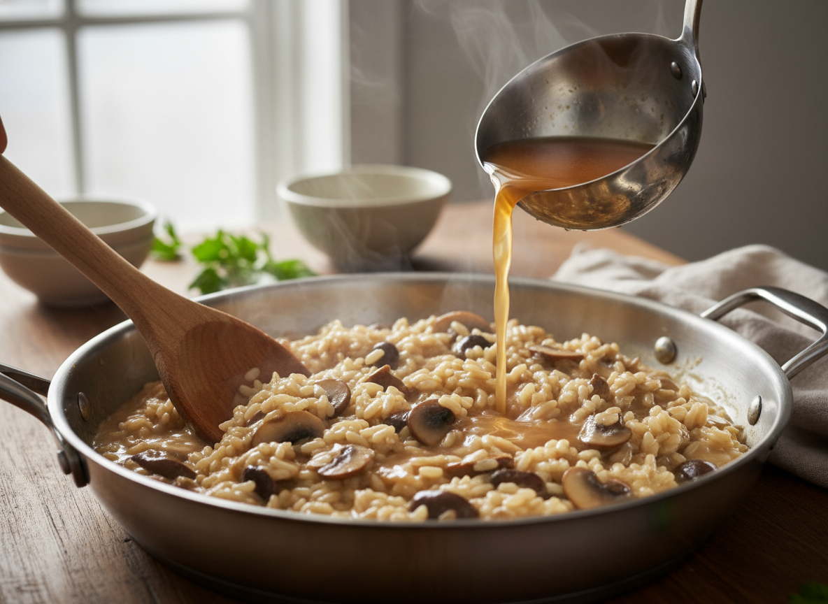 Proceso del risotto: añadiendo caldo cucharón a cucharón y removiendo