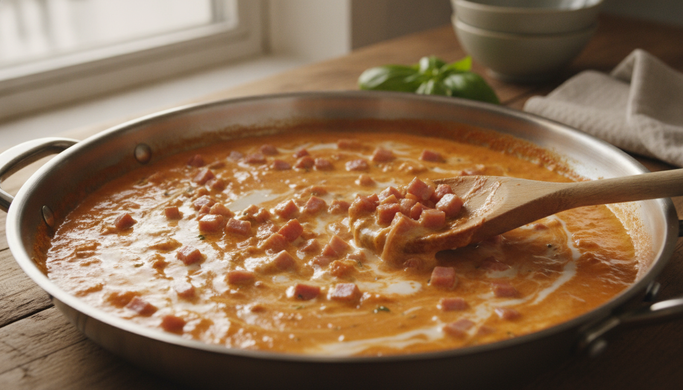 Pasta con mejillones y jamón en salsa cremosa de tomate 1 Salsa cremosa de tomate con jamón cocido en la sartén