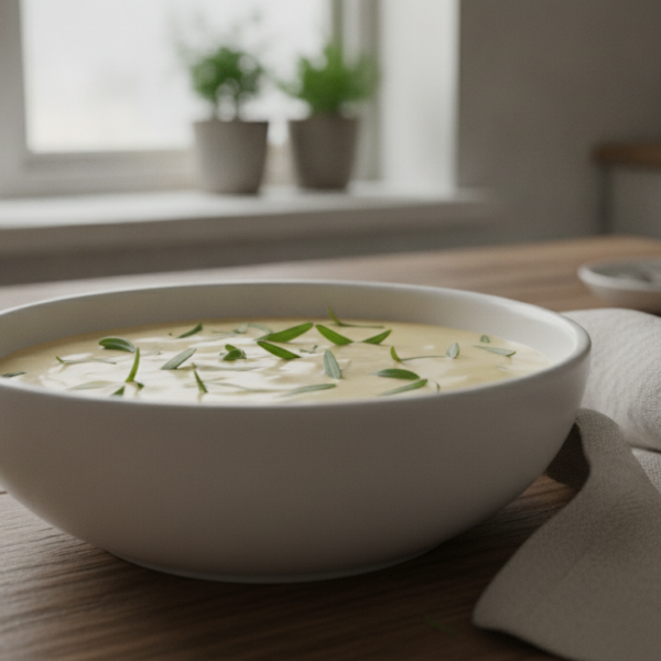 Salsa bearnesa cremosa en bol blanco con hojas de estragon fresco