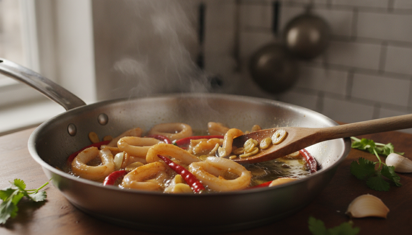 Pasta con sepia, ajo y guindilla: receta fácil 1 Tiras de sepia friendo en sartén con ajo fileteado y guindilla