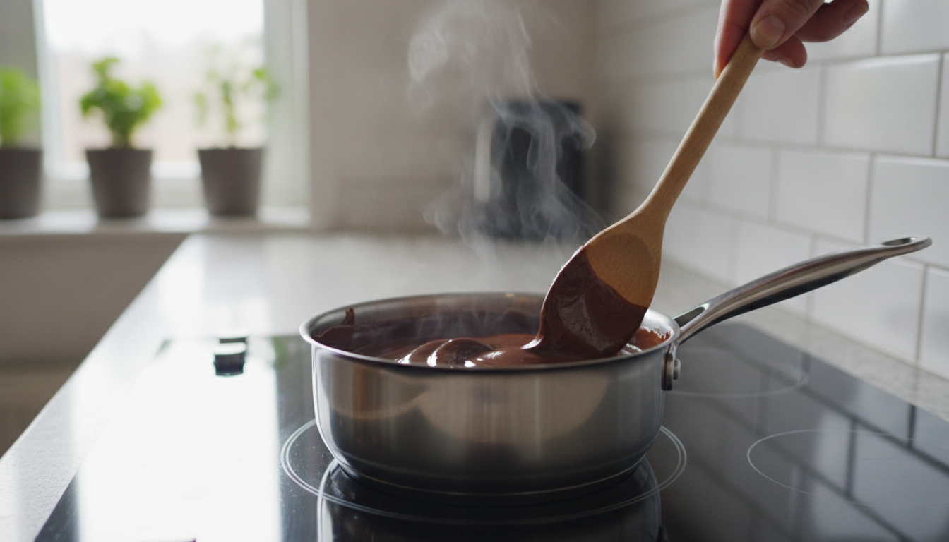 Helado con salsa de chocolate caliente: postre fácil 2 Cocinando la salsa de chocolate caliente a fuego lento removiendo constantemente