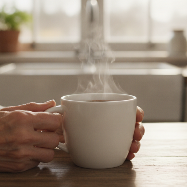 Taza con doble asa de cerámica blanca sujetada cómodamente con ambas manos