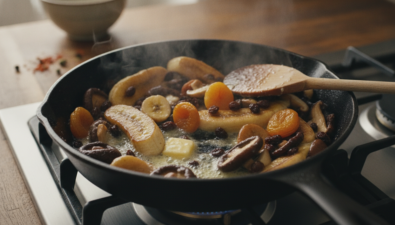Lomo de cerdo con plátanos y fruta: receta de horno para 8 1 Frutos secos y champiñones rehogados en mantequilla para la salsa del lomo