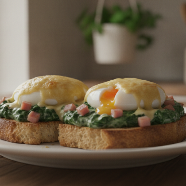 Huevos mollets sobre tostadas con espinacas a la nata, jamón y queso gruyère gratinado