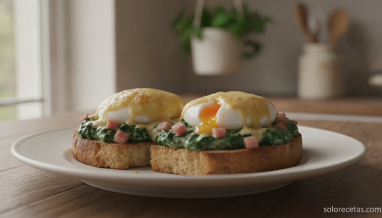Huevos mollets sobre tostadas con espinacas a la nata, jamón y queso gruyère gratinado