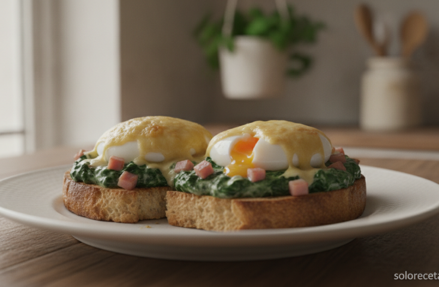 Huevos mollets sobre tostadas con espinacas a la nata, jamón y queso gruyère gratinado