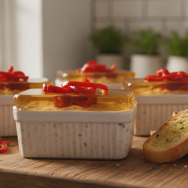 Paté de mariscos en terrinas individuales con gelatina y pimiento rojo