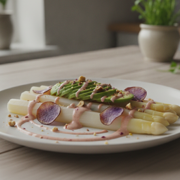 Ensalada de espárragos blancos con salsa rosa, patata violeta y aguacate