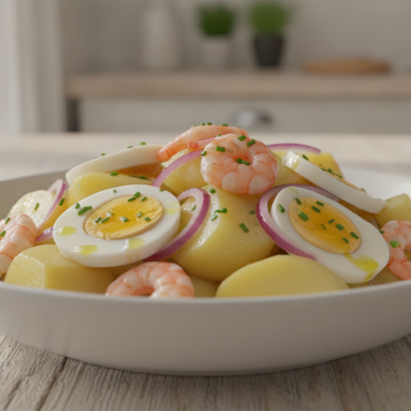 Ensalada de patata con gambas y huevo duro en bol blanco