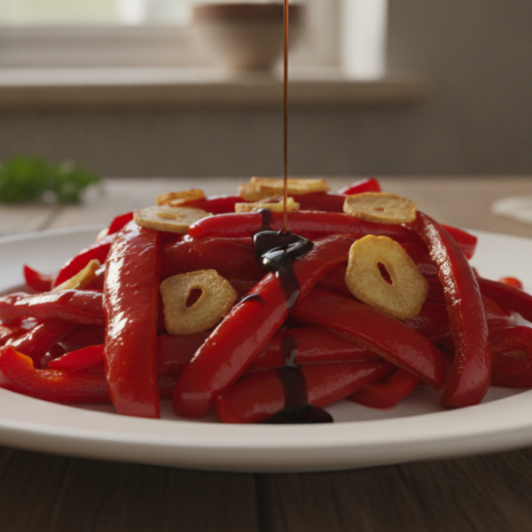 Ensalada de pimientos rojos asados con ajo dorado y vinagre de Módena