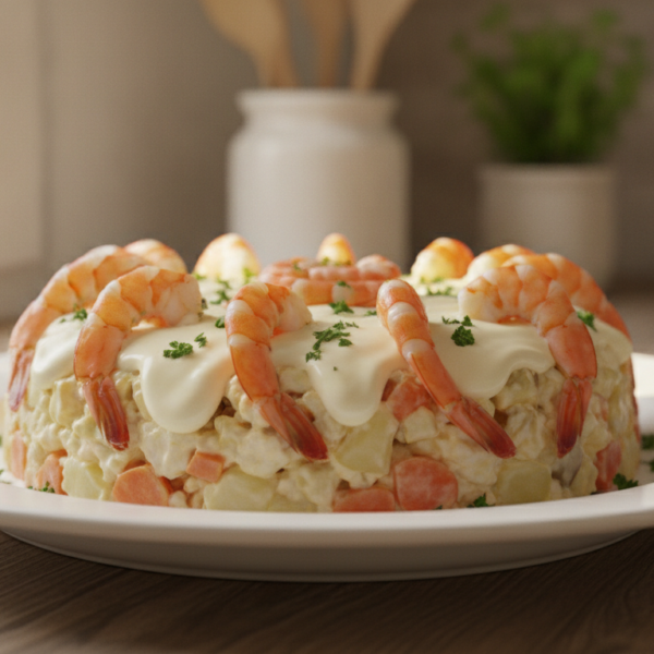Ensaladilla de langostinos en fuente blanca con mayonesa