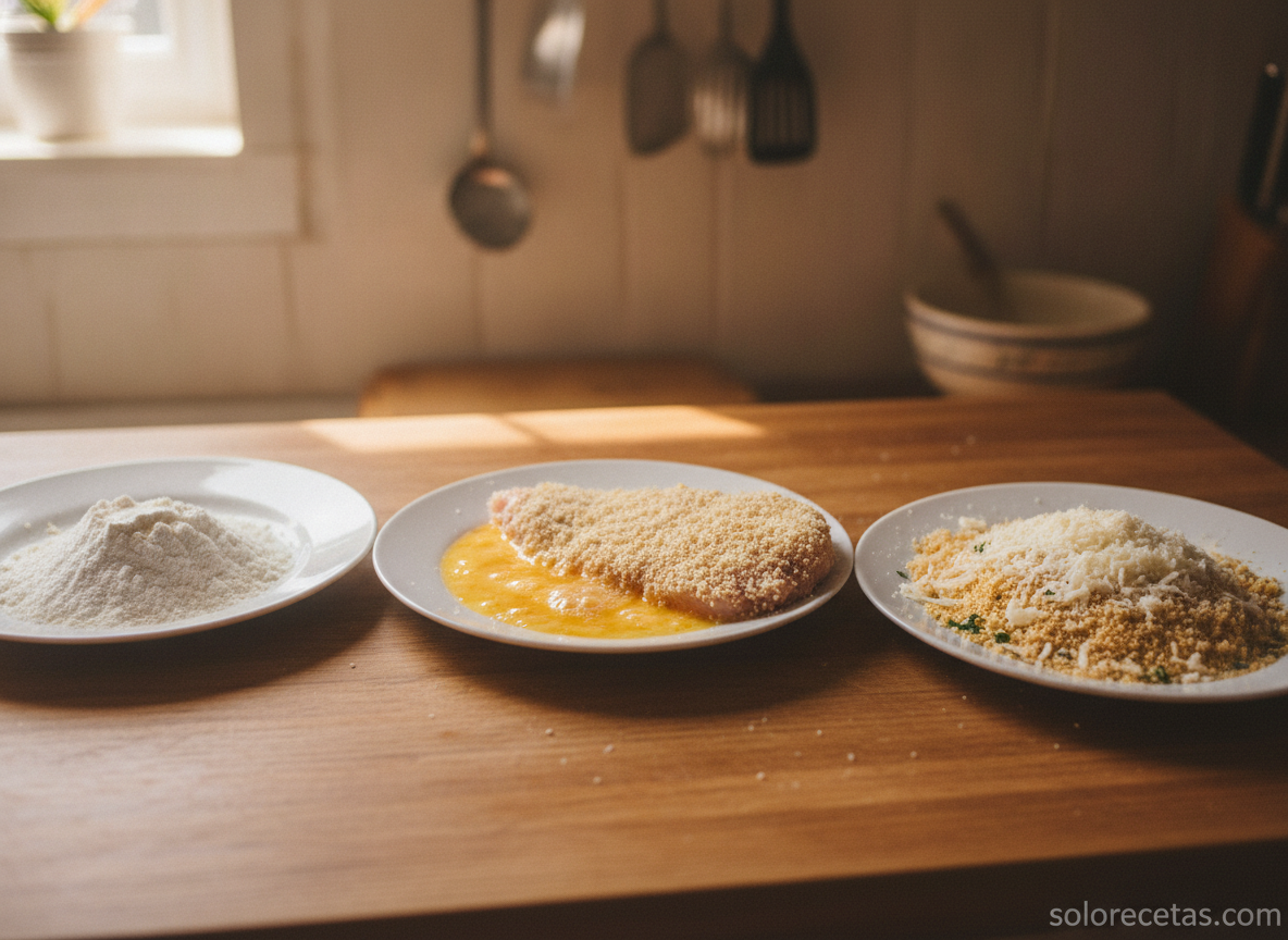 Pechugas de pollo al parmesano con vinagreta de limón 1 Proceso de empanado del pollo con harina huevo y parmesano