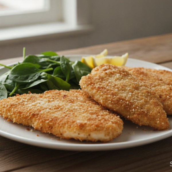 Pechugas de pollo empanadas al parmesano con espinacas y limón
