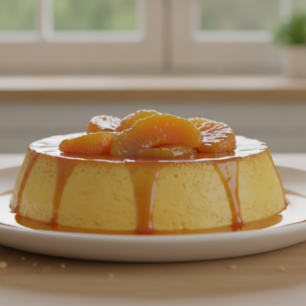 Flan de mandarina con gajos caramelizados y caramelo dorado