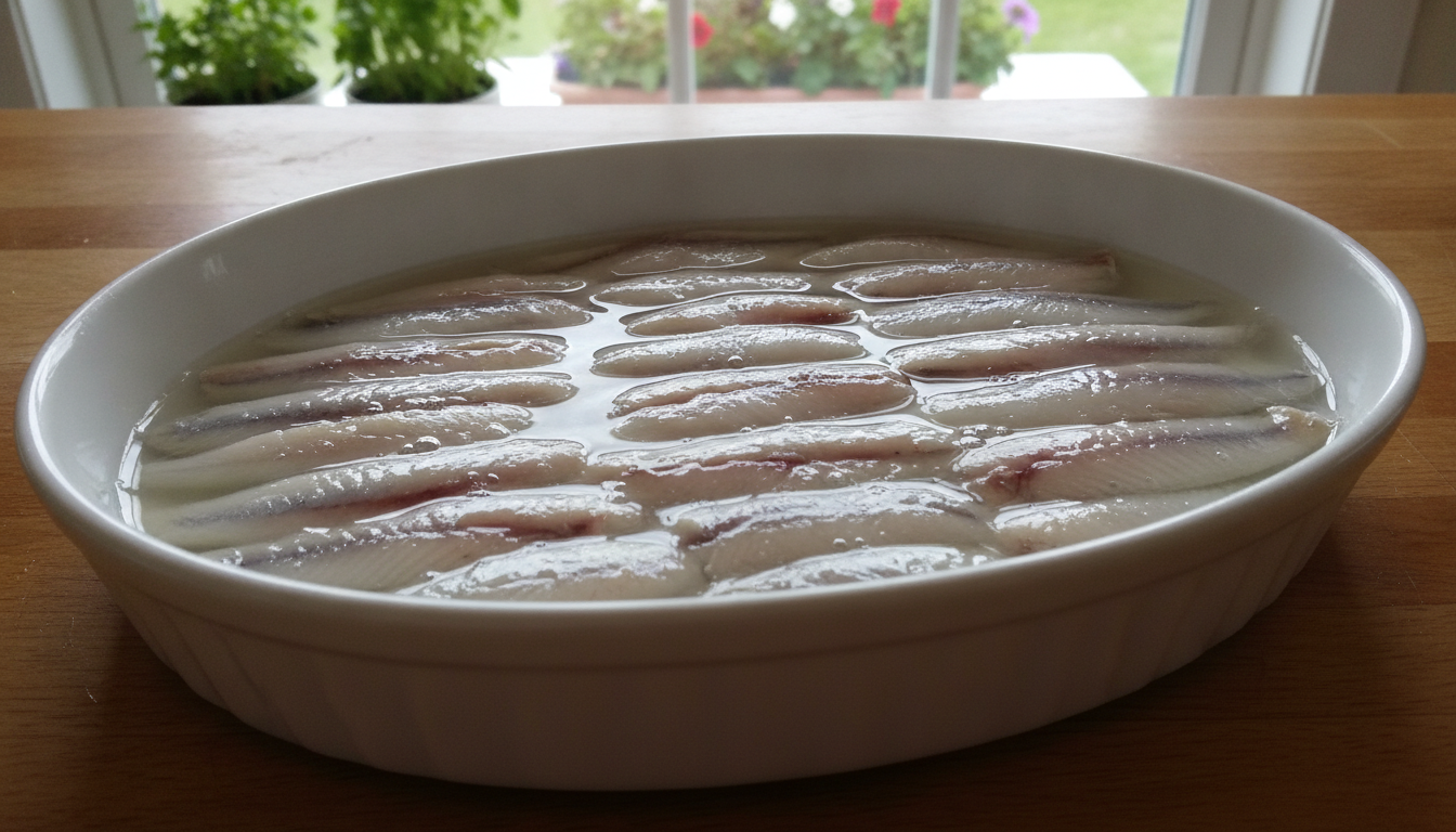 Lomos de boquerón cubiertos con vinagre de vino blanco para macerarlos 12 horas