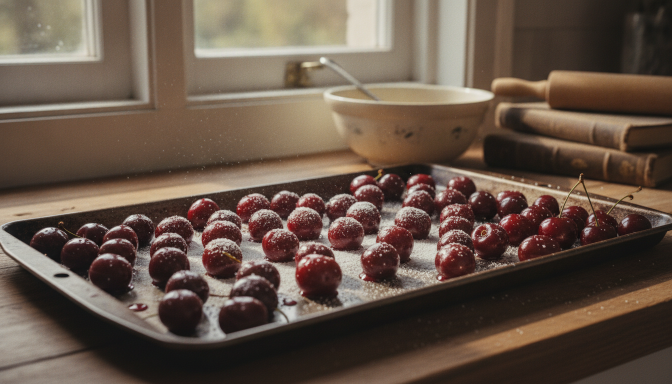 Gratinado de cerezas al kirsch con almendras 1 Cerezas sin hueso extendidas en bandeja de horno espolvoreadas con azúcar