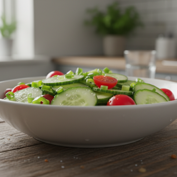 Ensalada de pepino con tomate y pimiento verde en bol blanco
