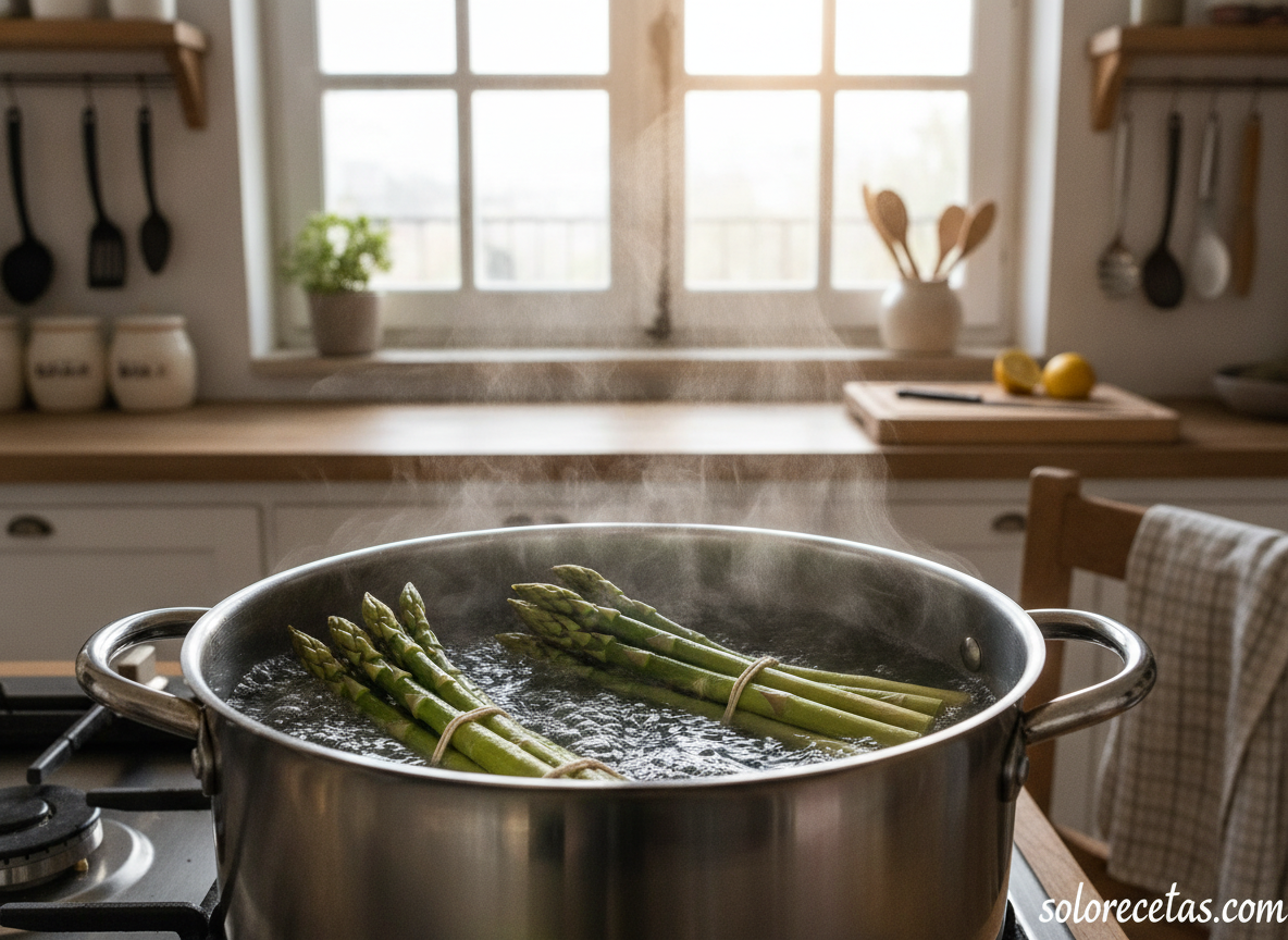 Espárragos cociéndose en olla con agua y sal