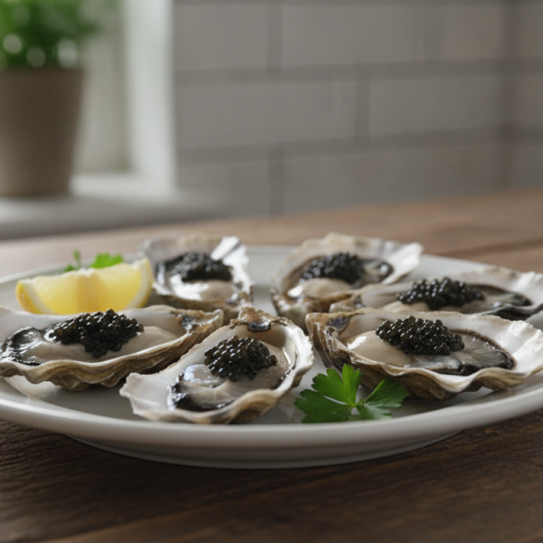Ostras con caviar negras servidas en sus conchas con rodajas de limón