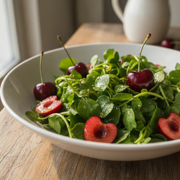 Ensalada de berros con cerezas y vinagreta de miel en bol blanco