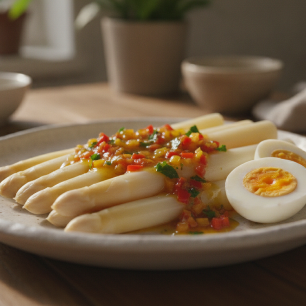 Espárragos a la vinagreta con pimientos del piquillo y huevo cocido