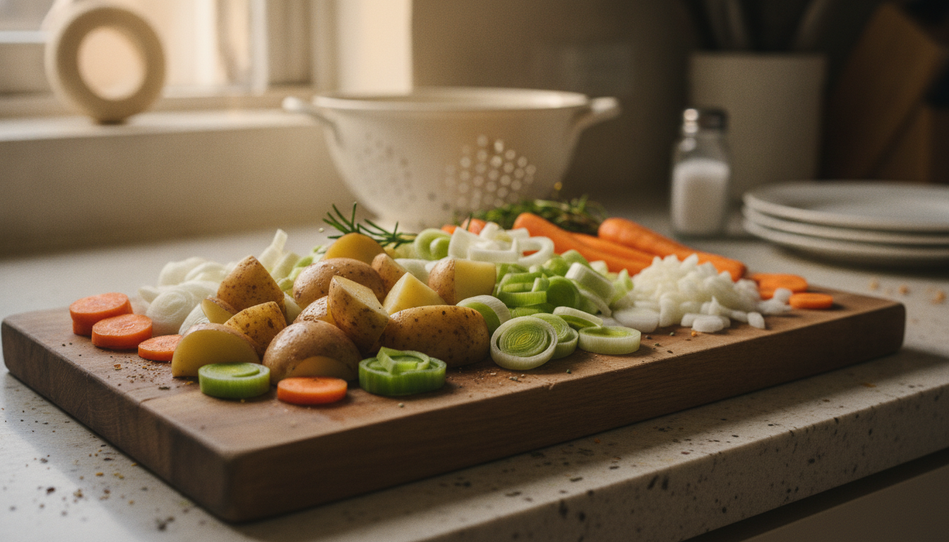 Patatas con puerros: guiso de verduras reconfortante 1 Patatas chasqueadas, puerros en rodajas y zanahoria cortada listos para el guiso