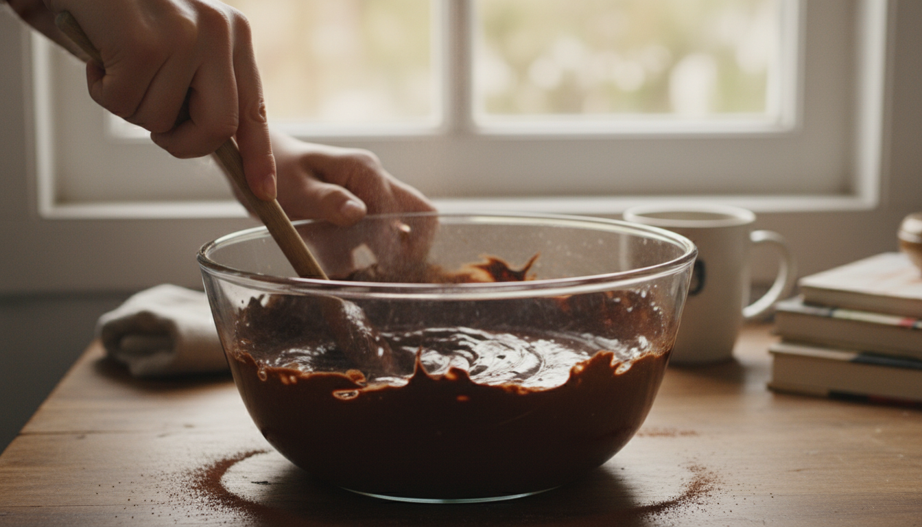 Masa de bizcocho de chocolate en bol de cristal lista para hornear