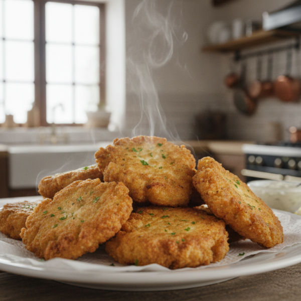 Buñuelos de bacalao dorados y crujientes en plato con papel absorbente