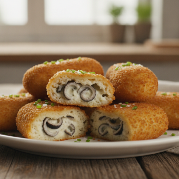 Croquetas de gulas caseras doradas y crujientes en plato blanco