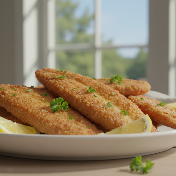 Filetes de faneca fritos al limón con mantequilla en plato blanco