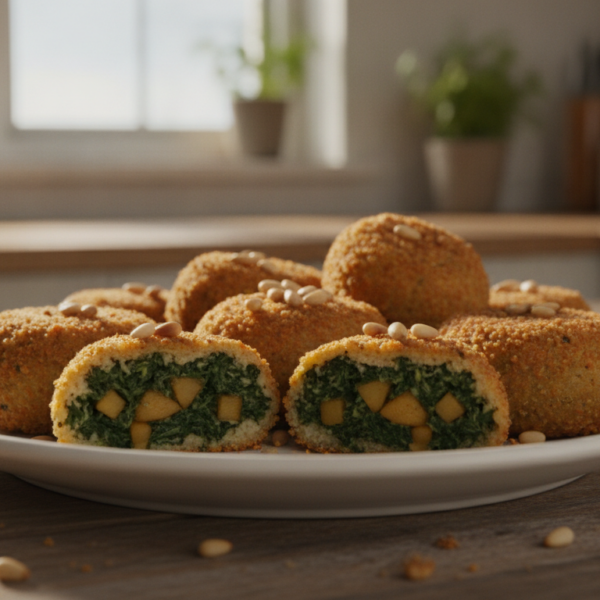 Croquetas de espinacas y pera doradas con piñones en plato blanco