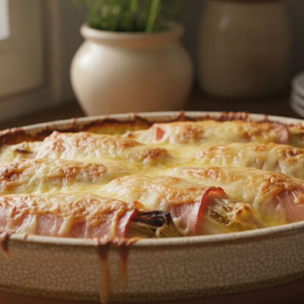 Endivias gratinadas con jamón cocido y queso dorado al horno