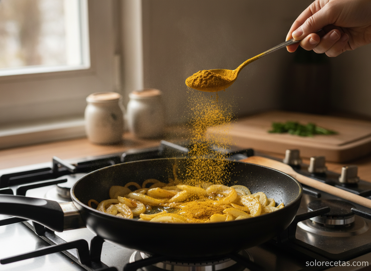 Curry de coliflor y manzana con espinacas 2 Cebolla y manzana pochadas con curry en sartén