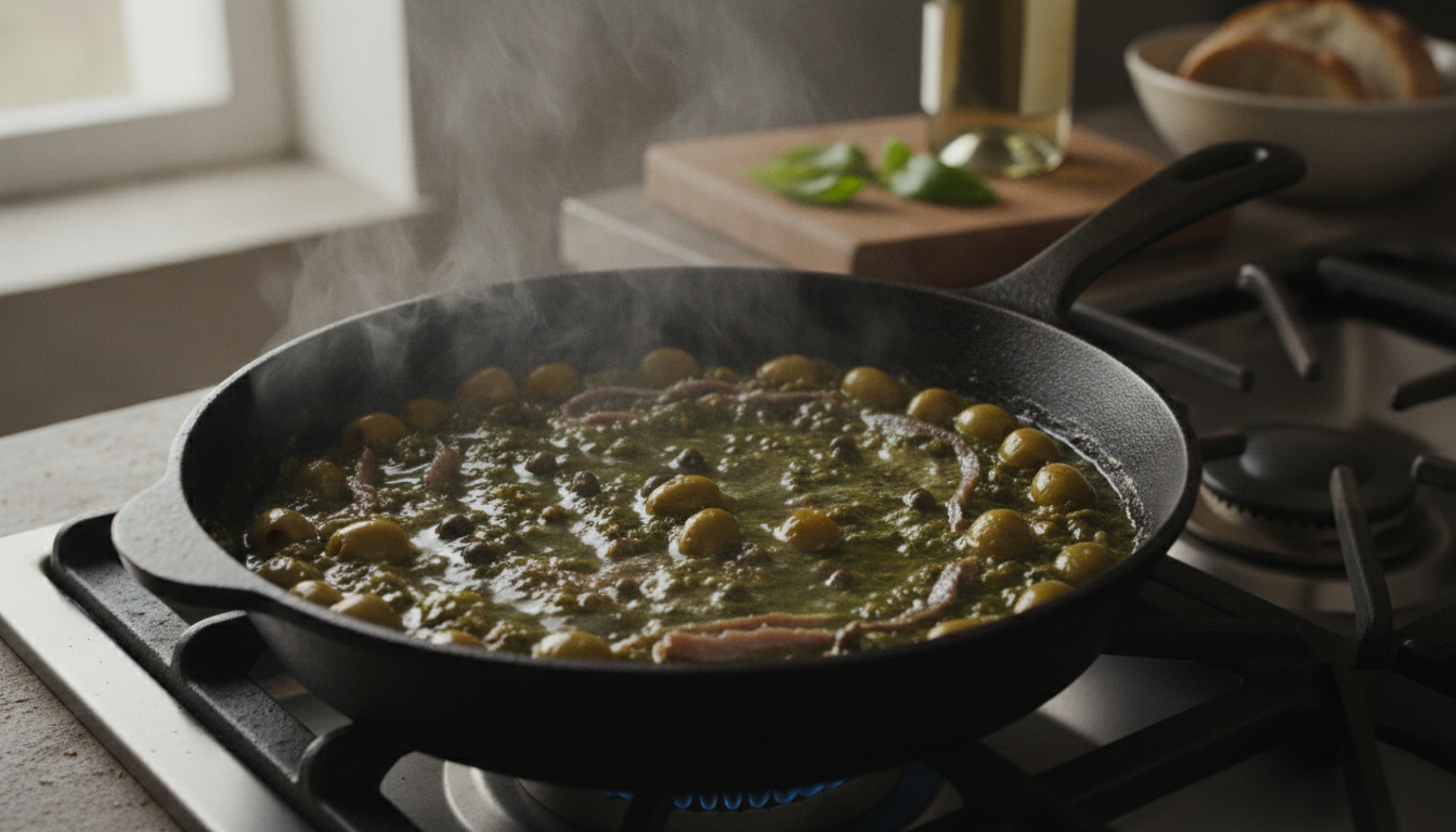 Salsa de aceitunas verdes con alcaparras y anchoas cocinando en la sartén