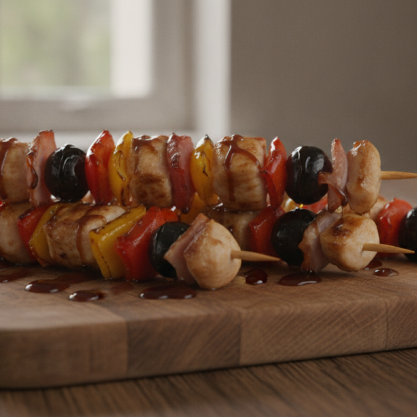 Brochetas de pollo con pimientos uvas y panceta ahumada