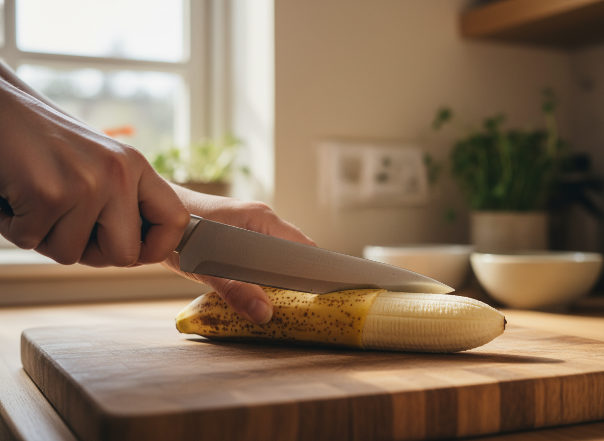Cortar el plátano a lo largo con un cuchillo para rellenarlo