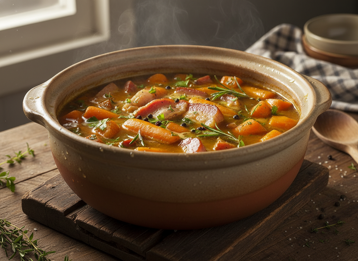 Zanahorias con panceta y huevos escalfados: guiso casero 2 Guiso de zanahorias con panceta cociendo a fuego lento