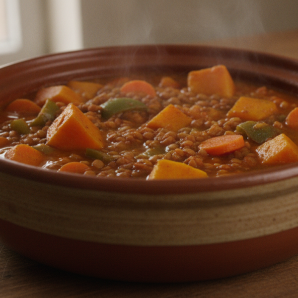 Guiso de lentejas con calabaza y verduras en cazuela de barro
