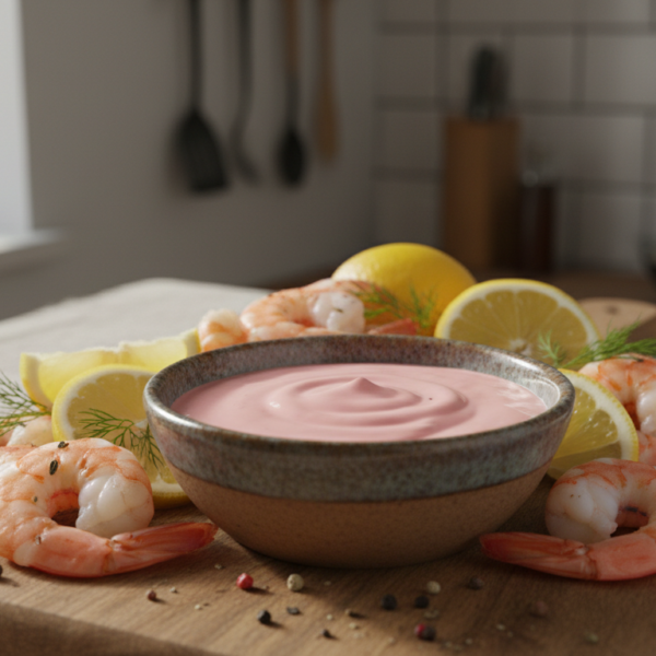 Salsa rosa casera en bol con gambas y limón