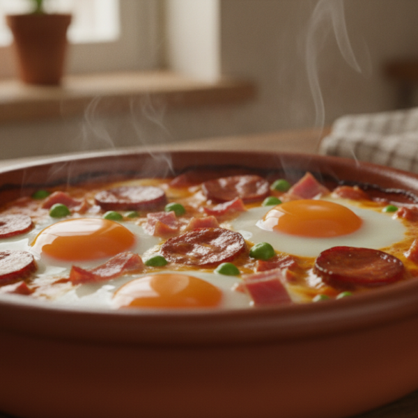 Huevos a la flamenca en cazuela de barro con chorizo jamón y guisantes