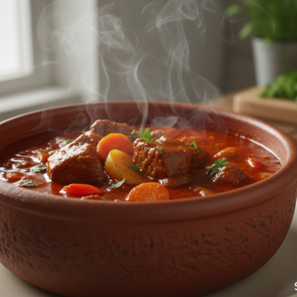 Goulash húngaro en cazuela con caldo de pimentón
