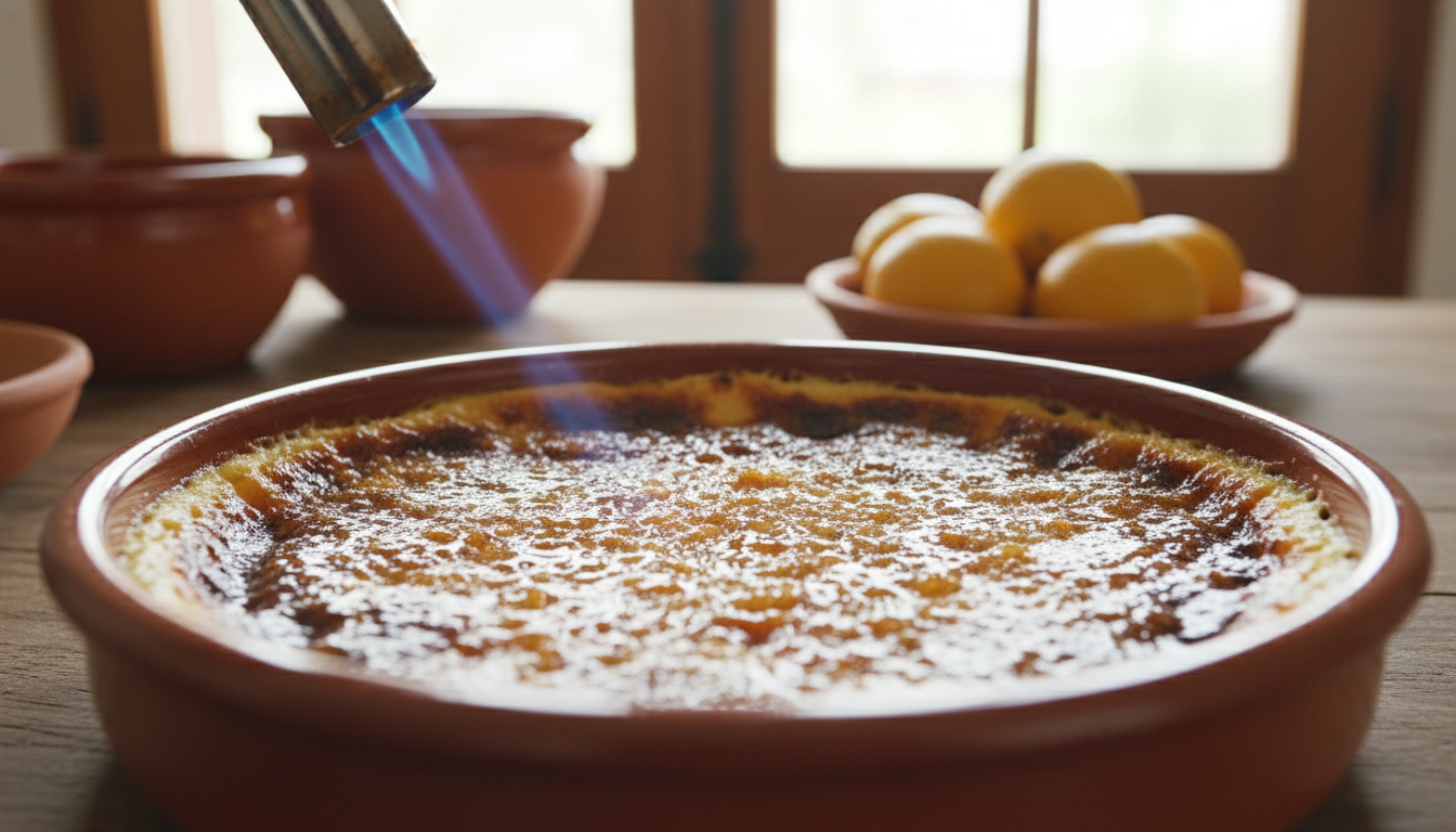 Quemando el azúcar de la crema catalana con soplete