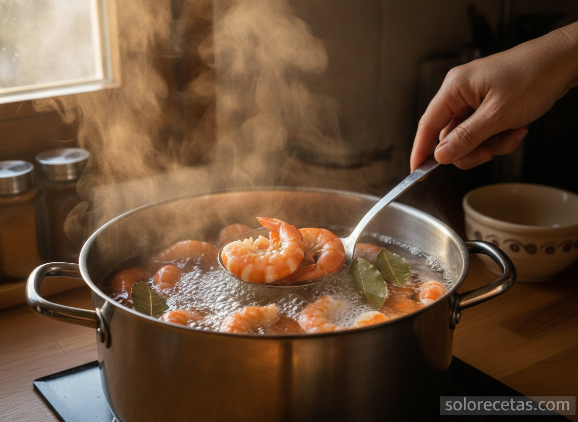 Ensaladilla de langostinos: receta fácil y cremosa 1 Cociendo los langostinos en agua con laurel y sal