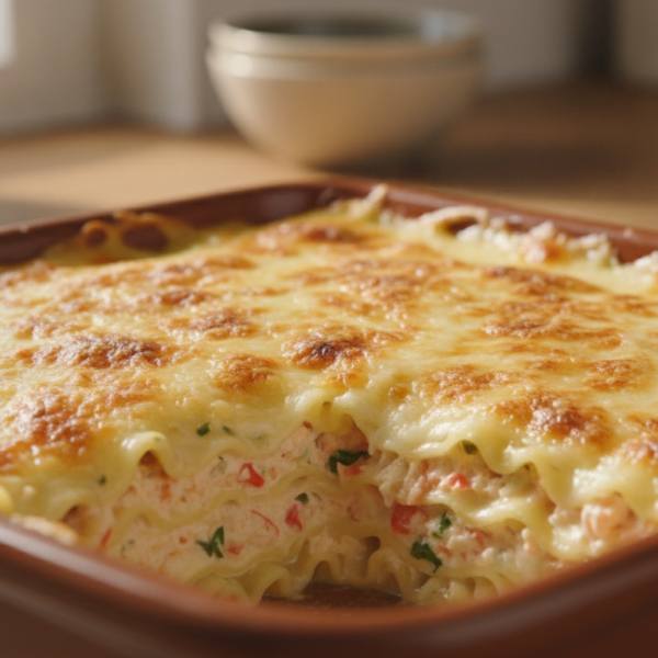 Lasaña de cangrejo con queso gruyère gratinado y nata