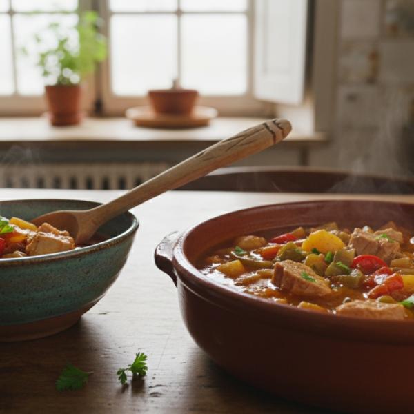 Marmitako casero de atún y patatas en cazuela de barro