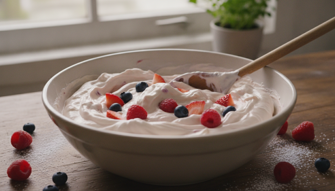 Semifrío de queso y frutas rojas: receta sin horno 2 Mezclando la nata montada con queso crema y frutas rojas