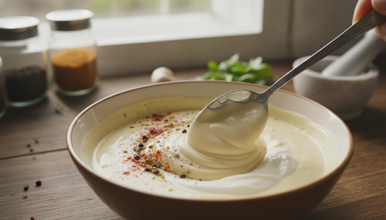Mezclando la salsa de yogur con mayonesa, mostaza y pimentón en un bol