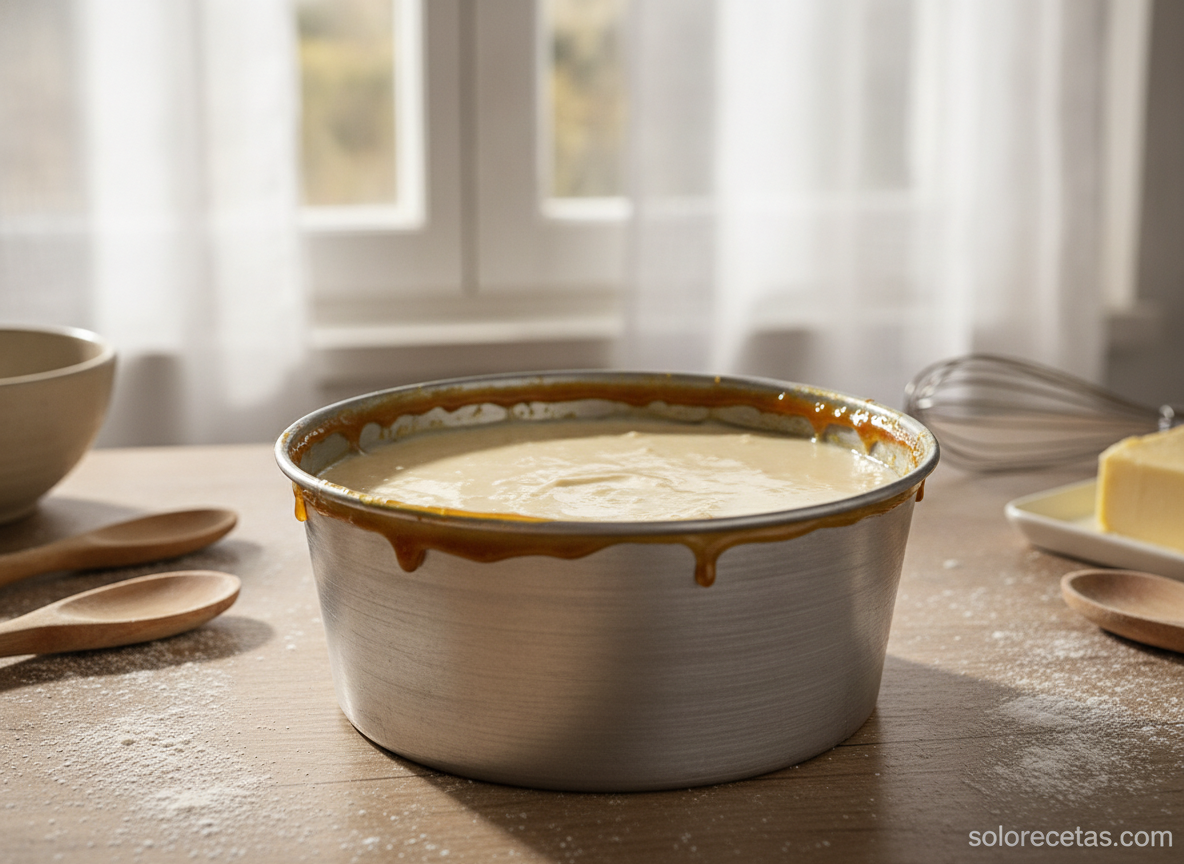 Flan de mandarina: receta cremosa con caramelo 2 Molde con mezcla de flan de mandarina listo para el horno